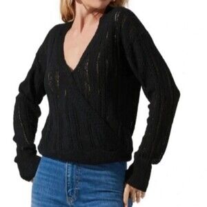 ASTR The Label Sweater Wrap FrontvBlack Knit Surplice Pointelle Top Size XL
